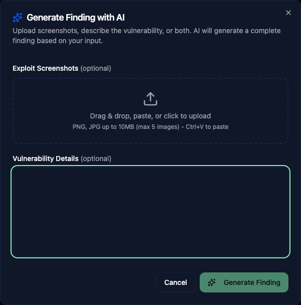 Generate a finding from screenshots