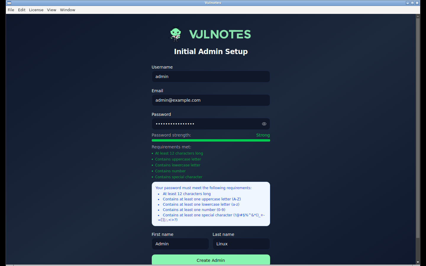 Creating the first administrator account on Linux