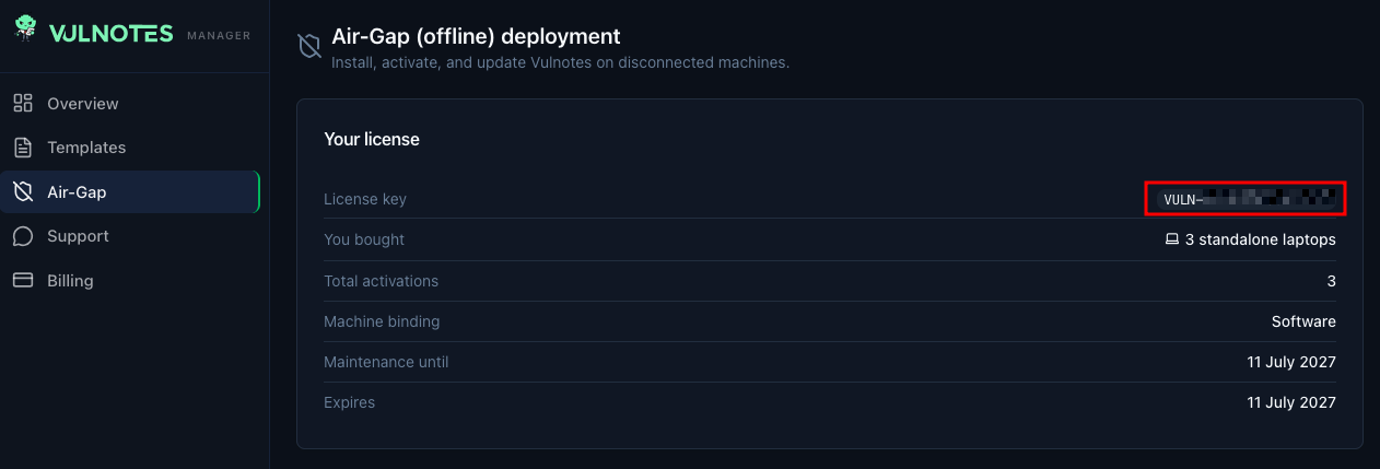Air-Gap license in Vulnotes Manager