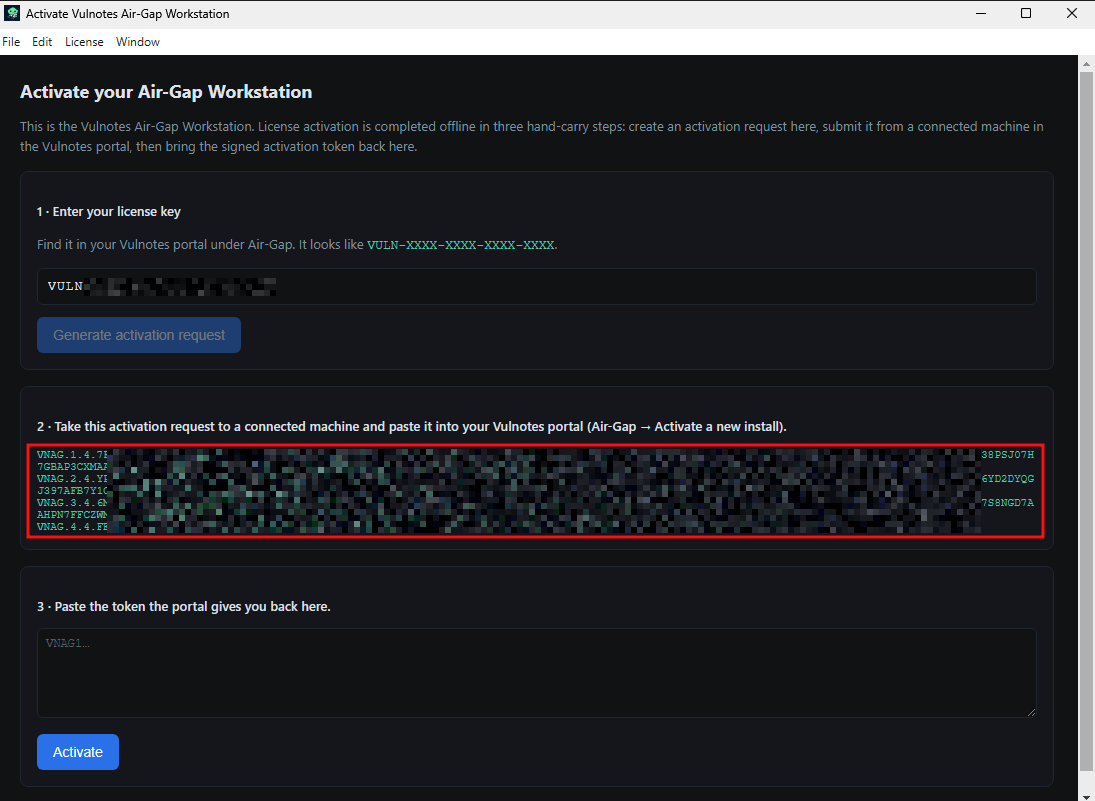 Generating an activation request on the offline workstation