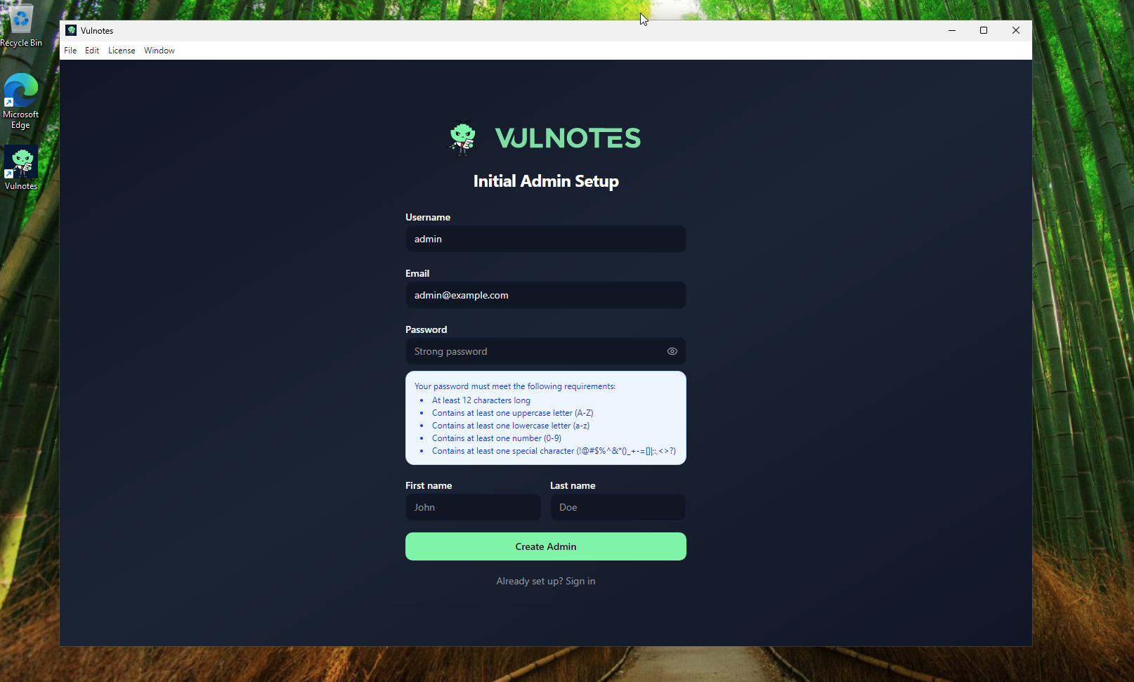 Creating the first administrator account