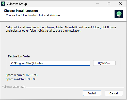 Choosing the Vulnotes installation folder