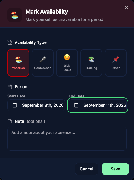 Mark a period of unavailability on the calendar