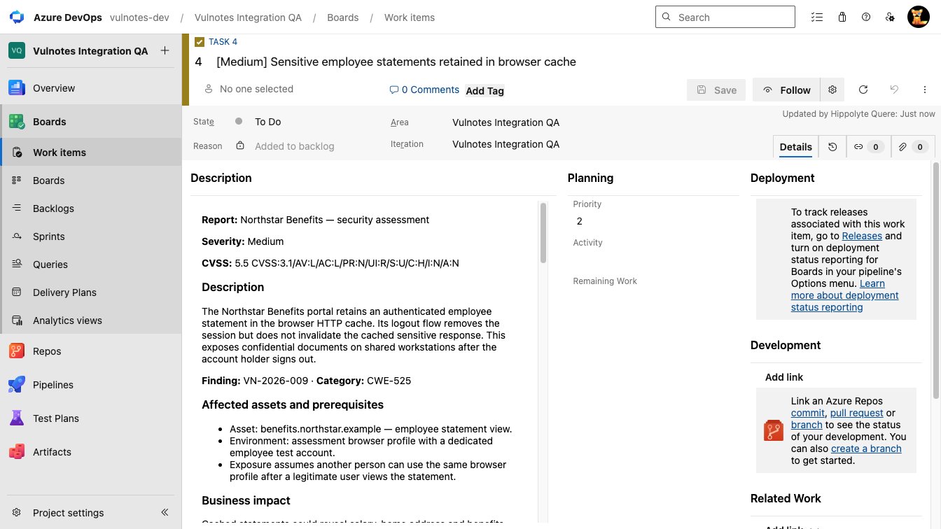 Azure Boards work item with report details, CVSS, and the finding description