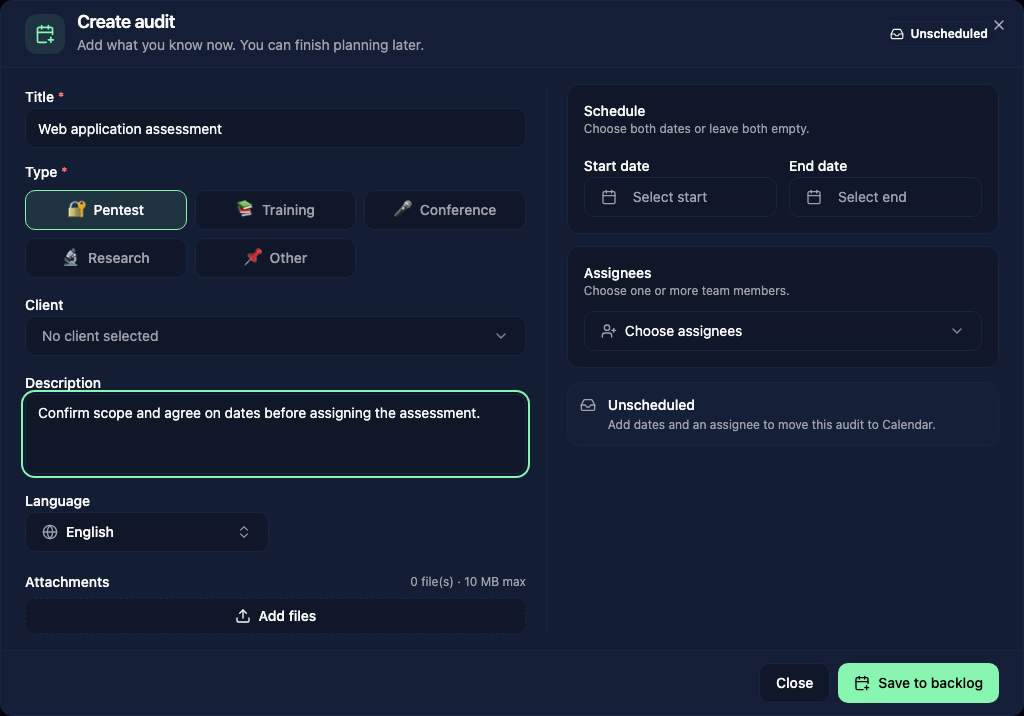 Create an audit with its scope, dates, and assignees