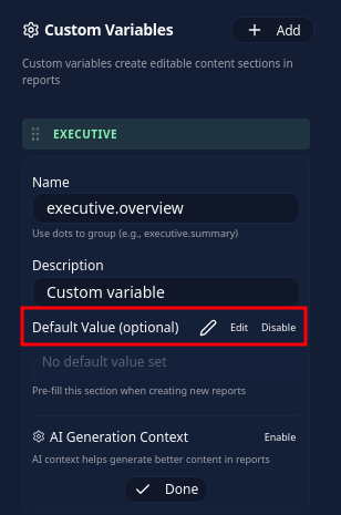 Default value option in variable editor
