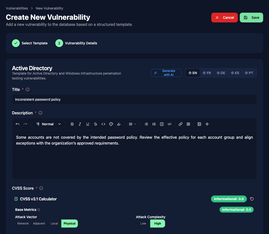 Vulnerability form with language tabs and template-defined fields