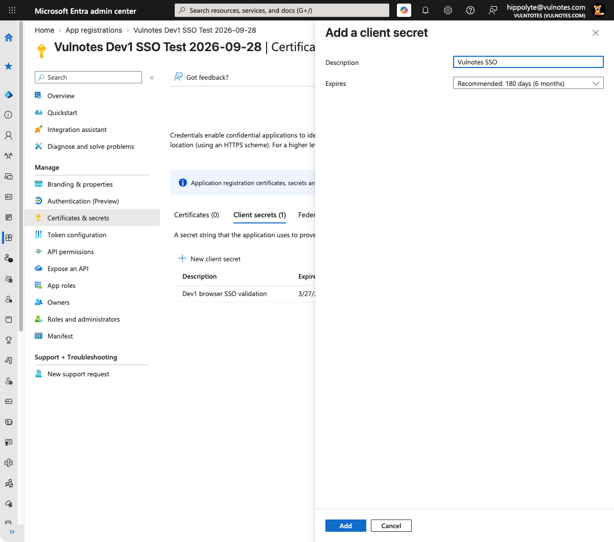 Client secret creation dialog showing description and expiration options, without a secret value
