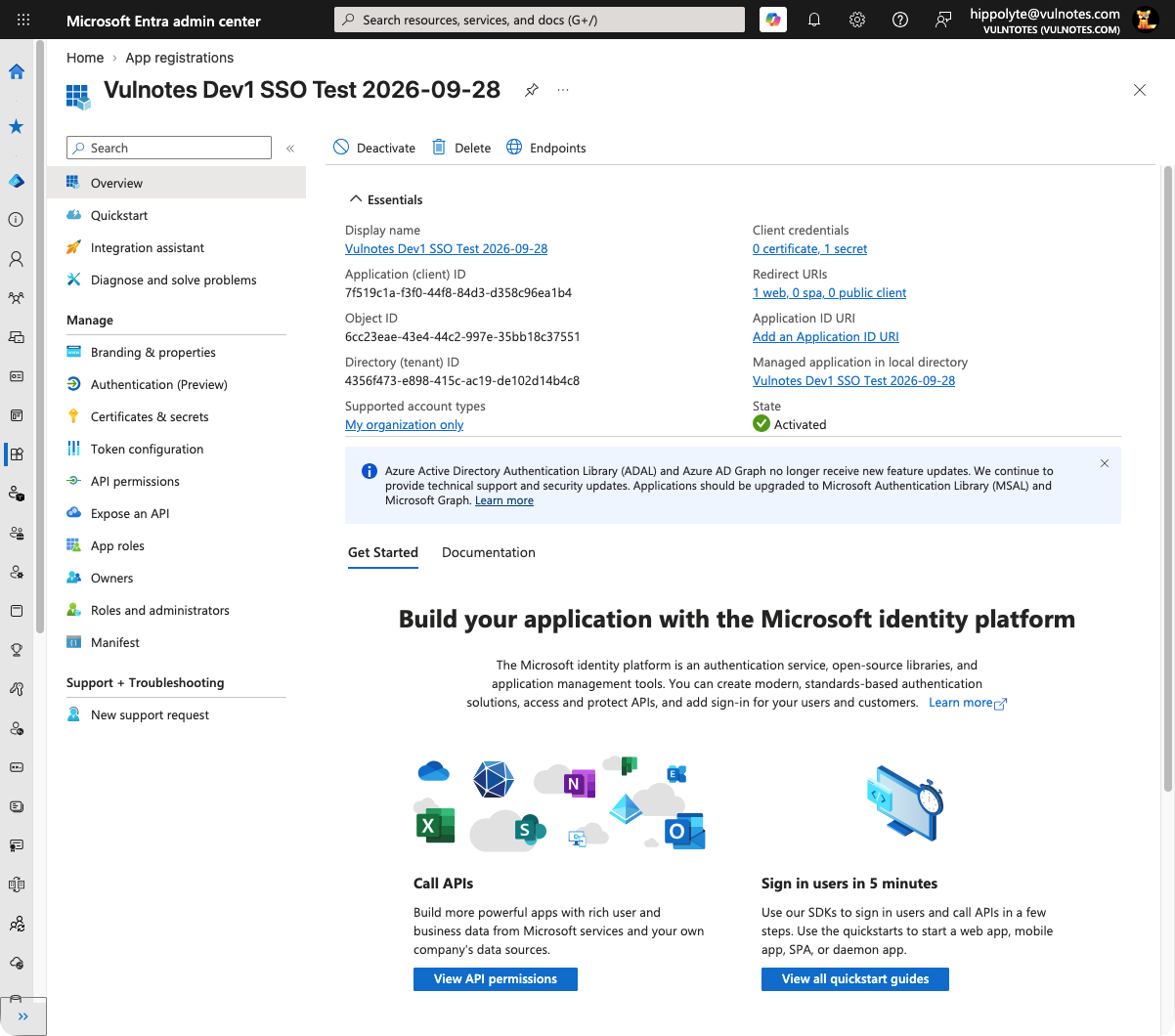 Existing dev1 application overview showing client ID, tenant ID and single-tenant configuration