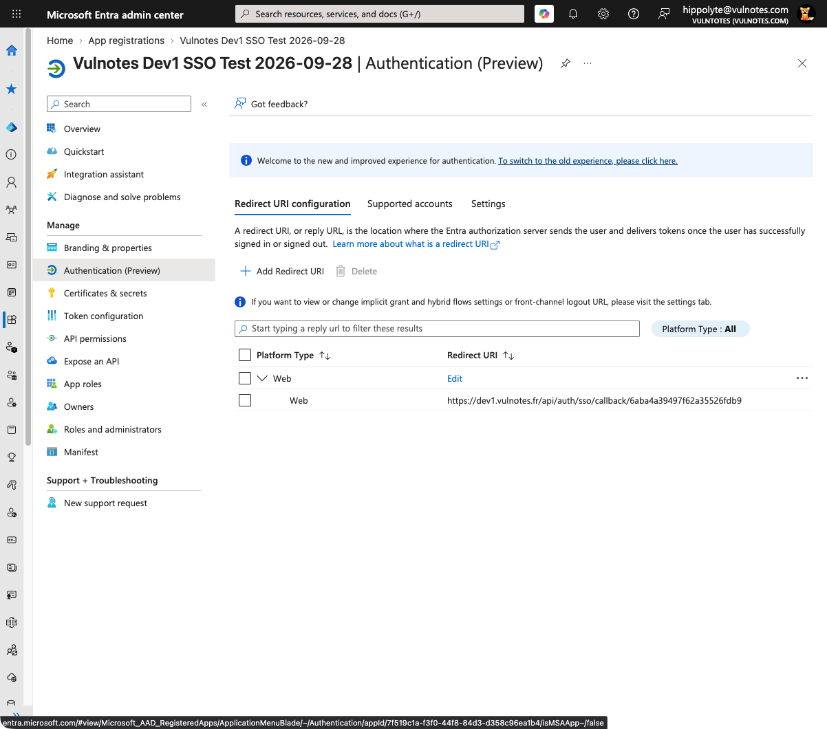 Dev1 callback configured as a Web redirect URI in Microsoft Entra