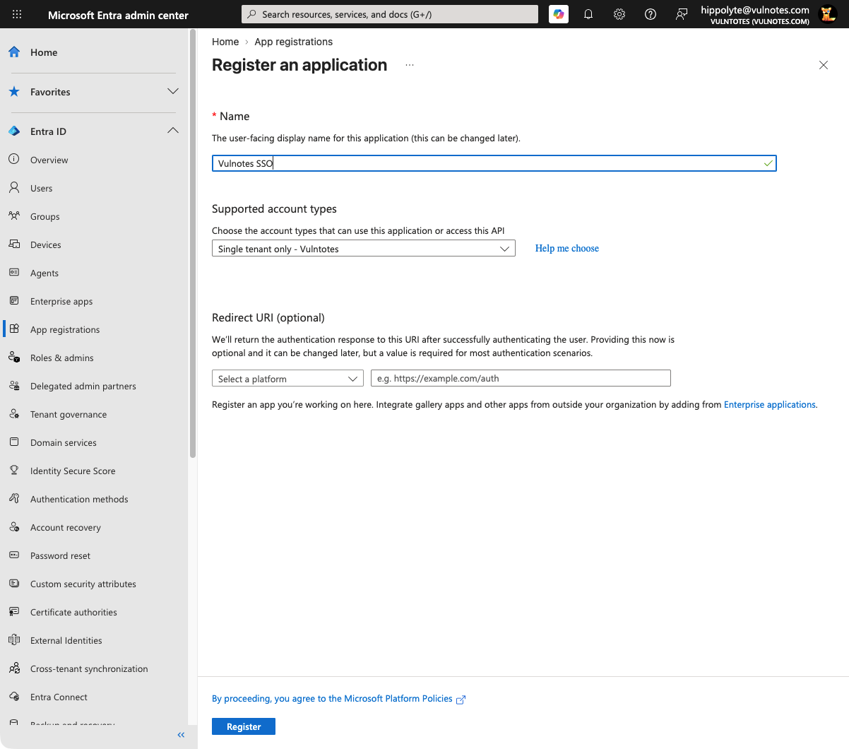 New application form with a Vulnotes SSO name and single-tenant account type