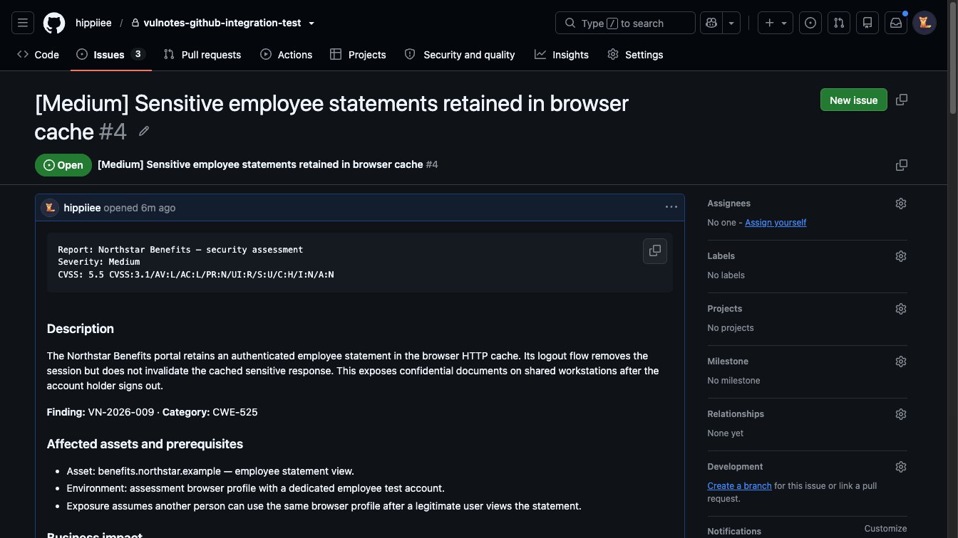 GitHub issue created from Vulnotes, showing severity, CVSS 5.5, description, and affected assets