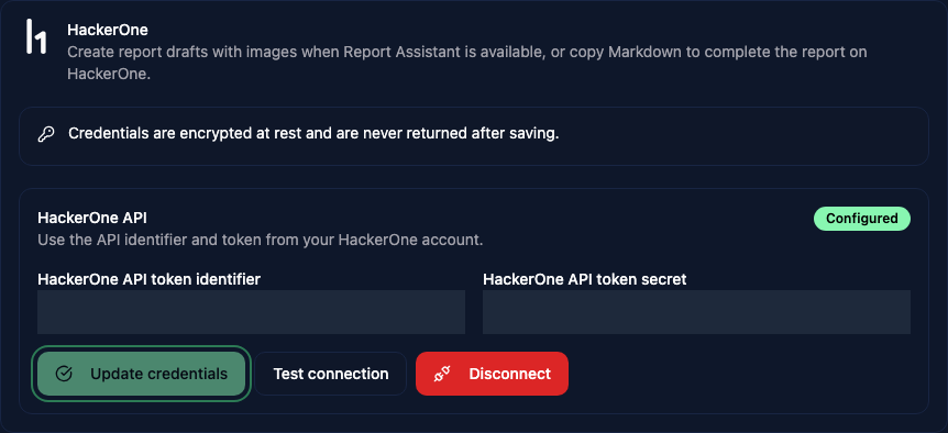 HackerOne connector controls, with credential fields hidden