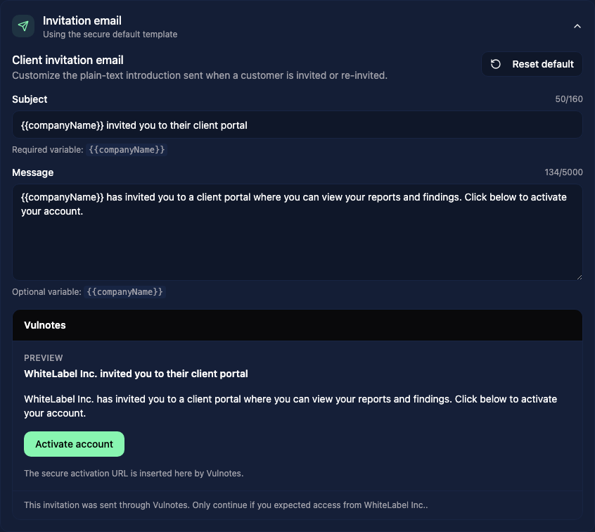 Invitation subject and message with the company-name variable