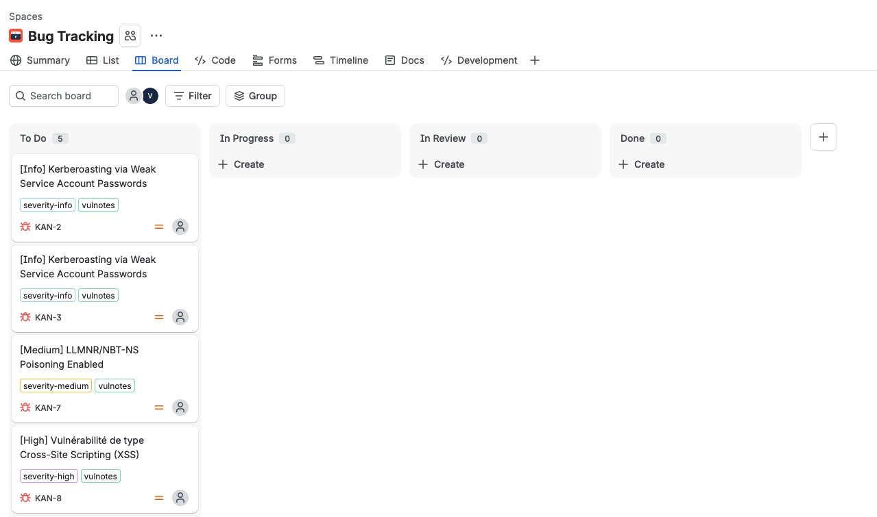Jira board with exported Vulnotes findings and their severity labels