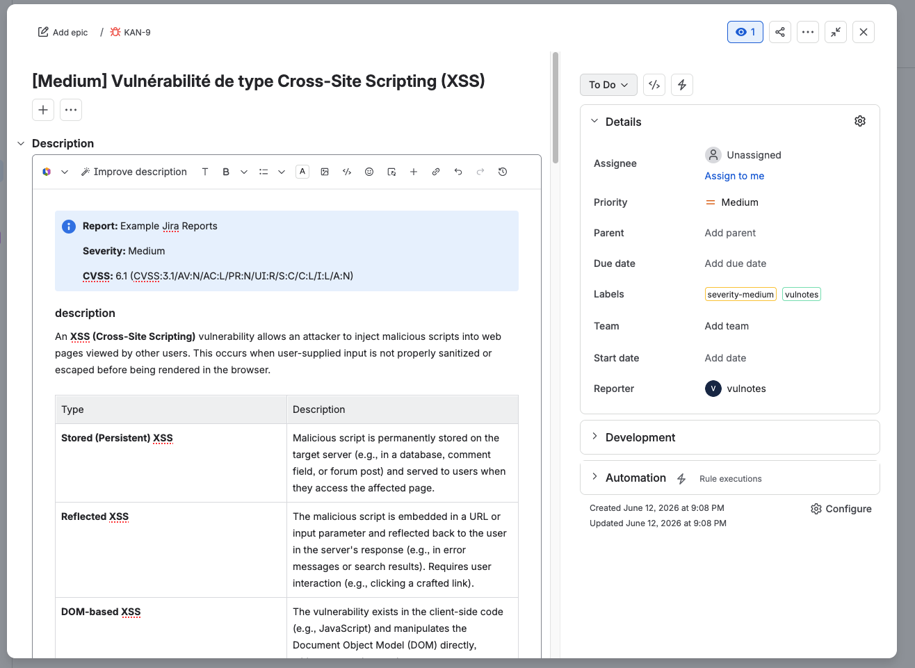 Jira issue created from a Vulnotes finding, showing report details, CVSS, description, and labels