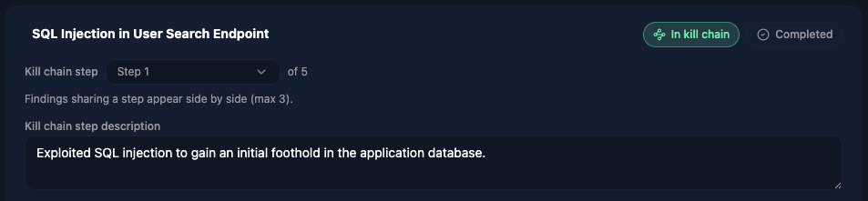 In kill chain toggle and step selector on a finding