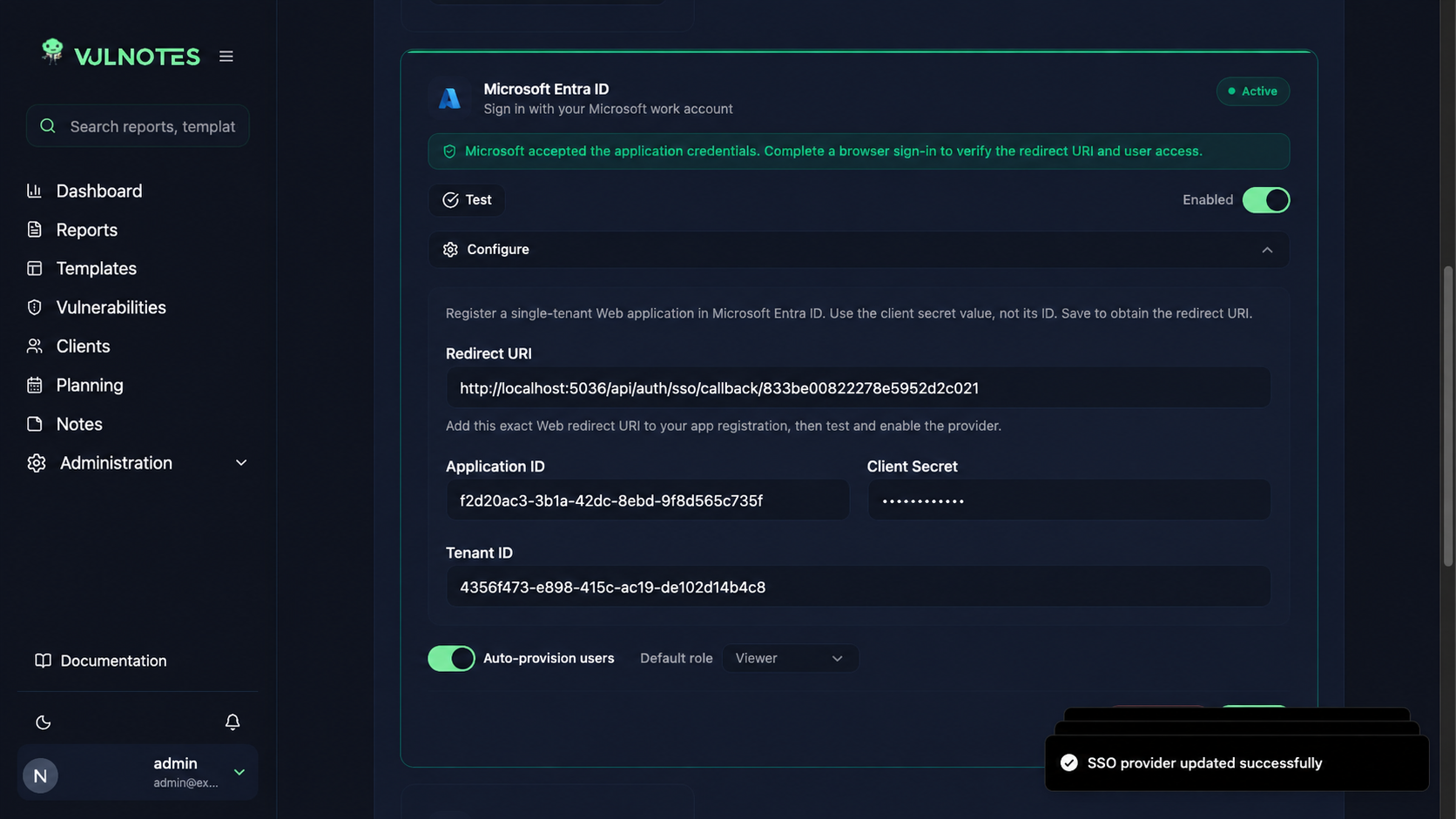 Microsoft Entra ID configured and enabled in Vulnotes admin settings