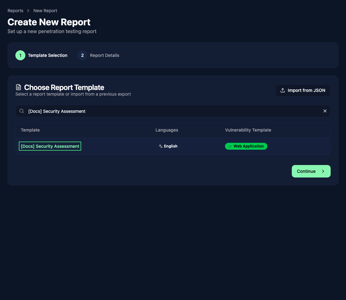 Report template selection with available languages and vulnerability templates