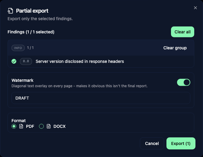 Select findings, watermark, and format for a partial export