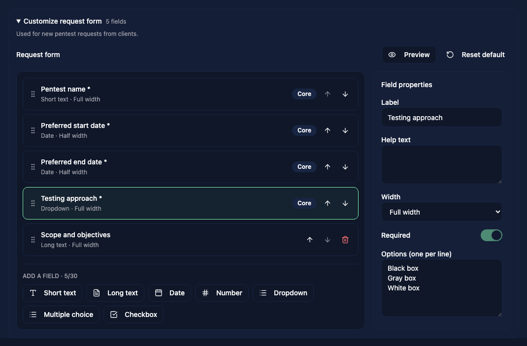 Request form builder with the default fields and the properties of the Testing approach field