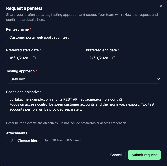 Request a pentest form in the Client Portal with sample answers