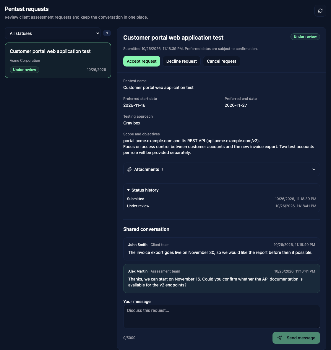 Requests tab with a request under review, its answers, status history, and conversation
