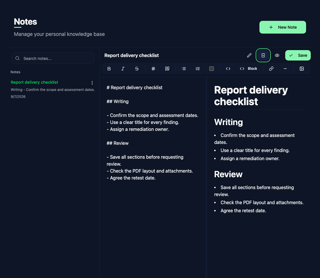 Personal checklist in Markdown and rendered split view