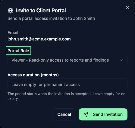 Choose a contact's portal role and optional access duration