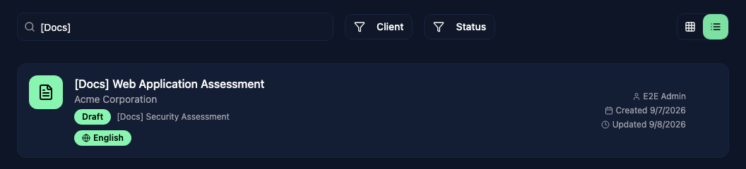 Search and filters above a report's client, template, and status