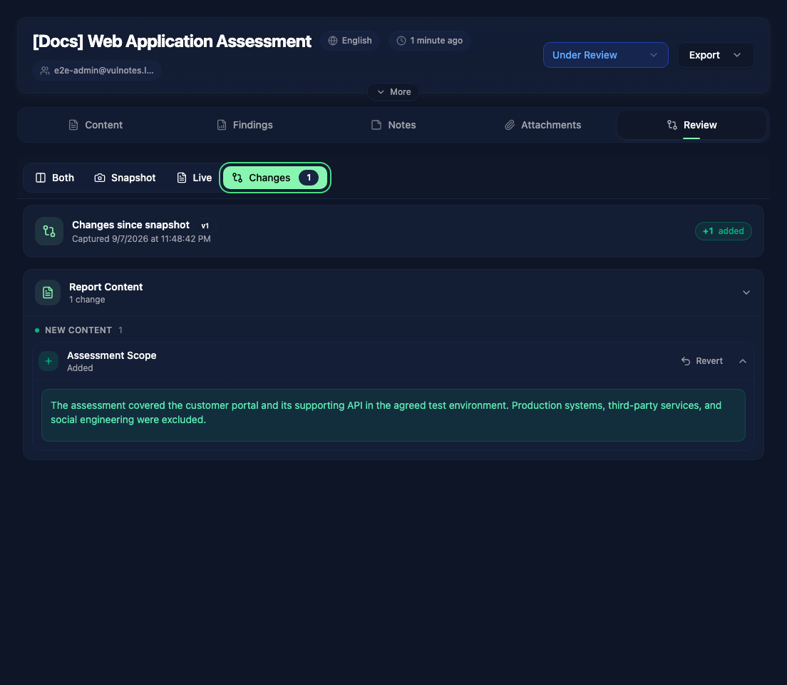 A saved scope addition compared with the review snapshot
