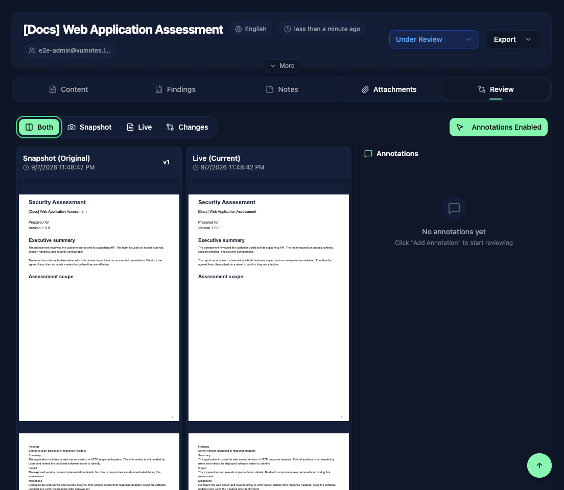 Snapshot and live report side by side during review