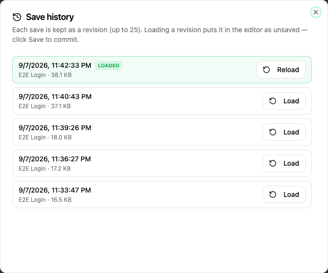 Saved template revisions with Load and Reload controls