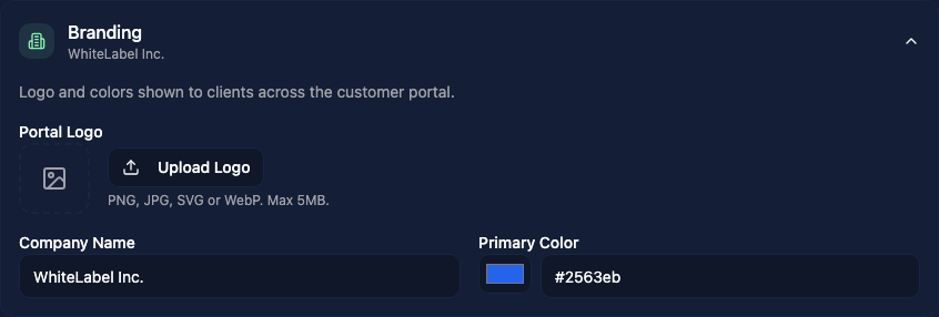 Client Portal company name, color, and logo settings