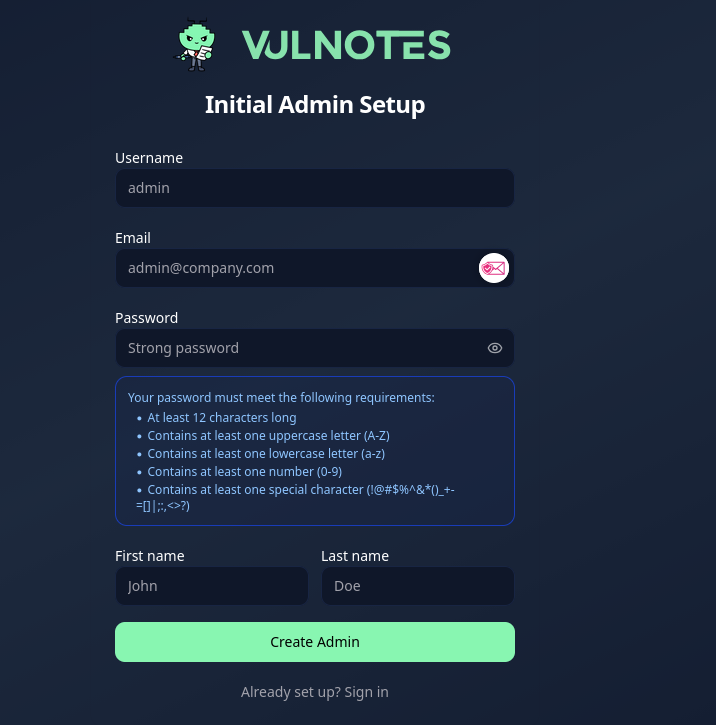 Setup page