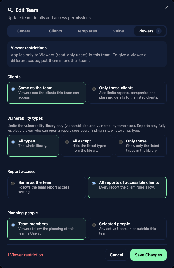 Viewers tab of the team dialog with the four Viewer restrictions