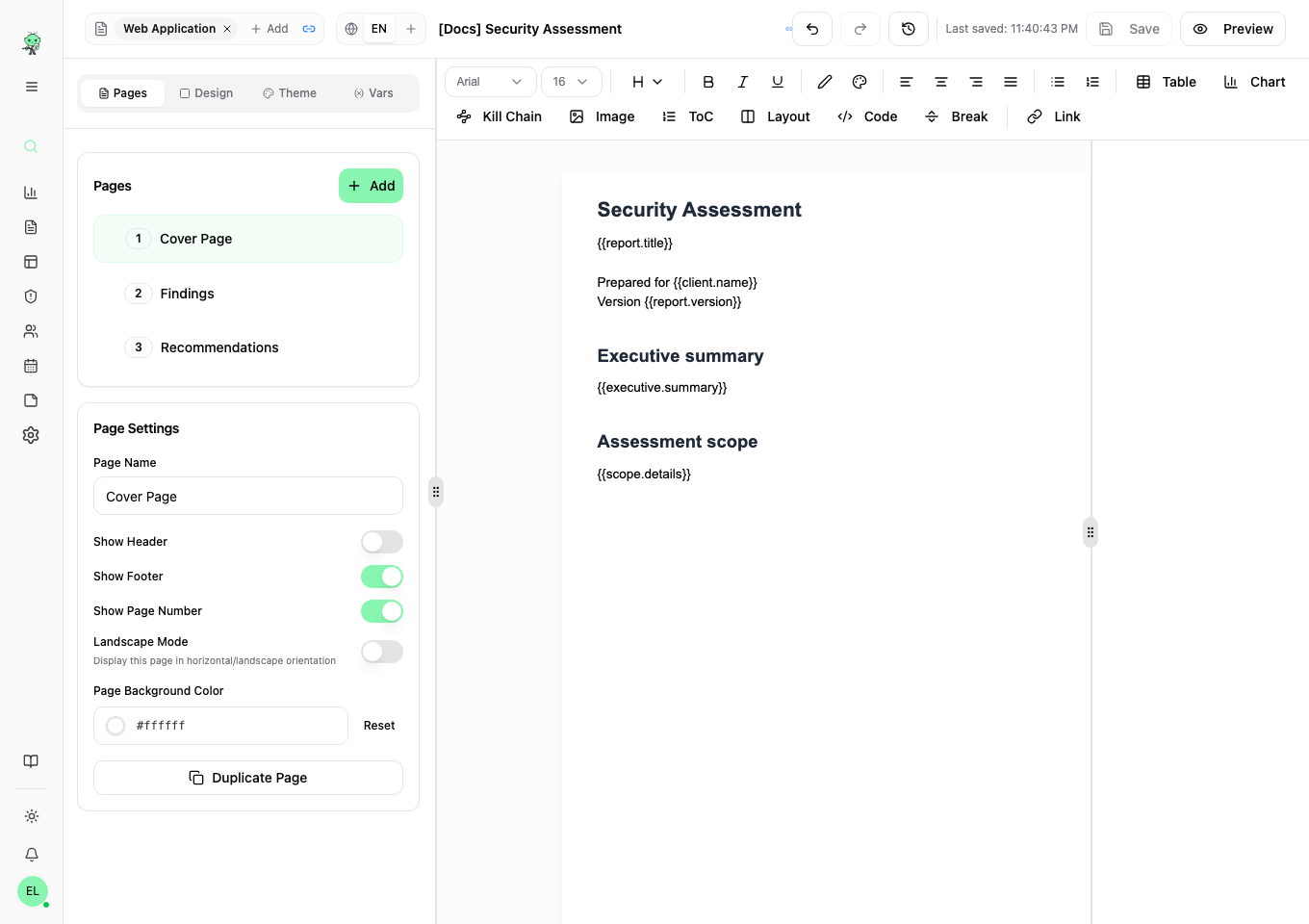 Template designer with page list, document canvas, and settings