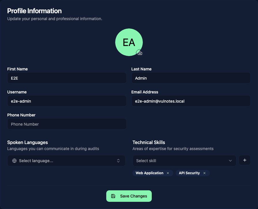 Profile details, spoken languages, and technical skills