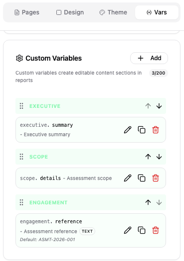Variables tab in sidebar