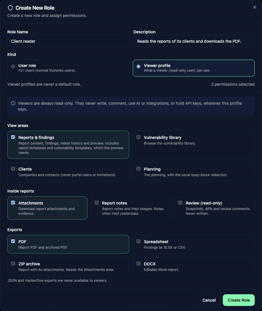 New role dialog with the Viewer profile kind selected, showing view areas, report areas and exports
